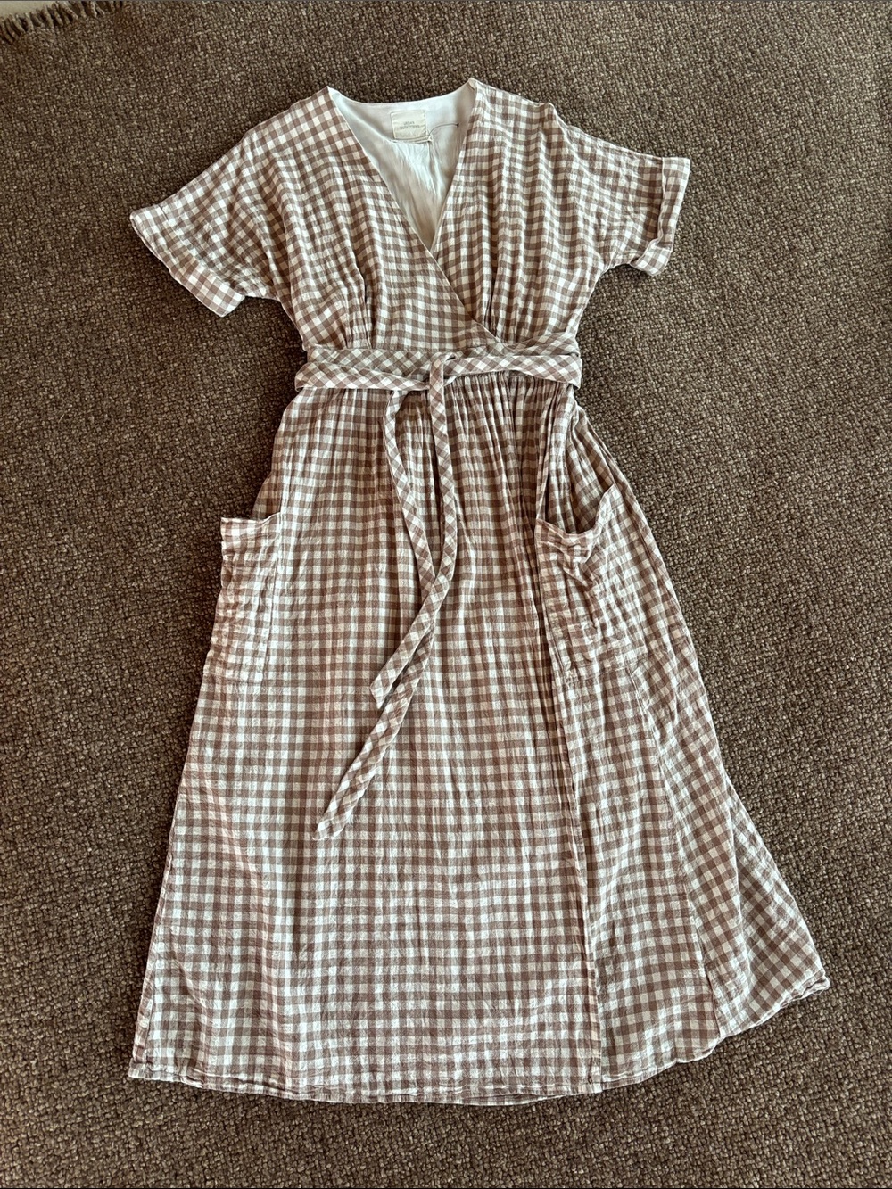 Brown Gingham Wrap Dress with Tie Waist